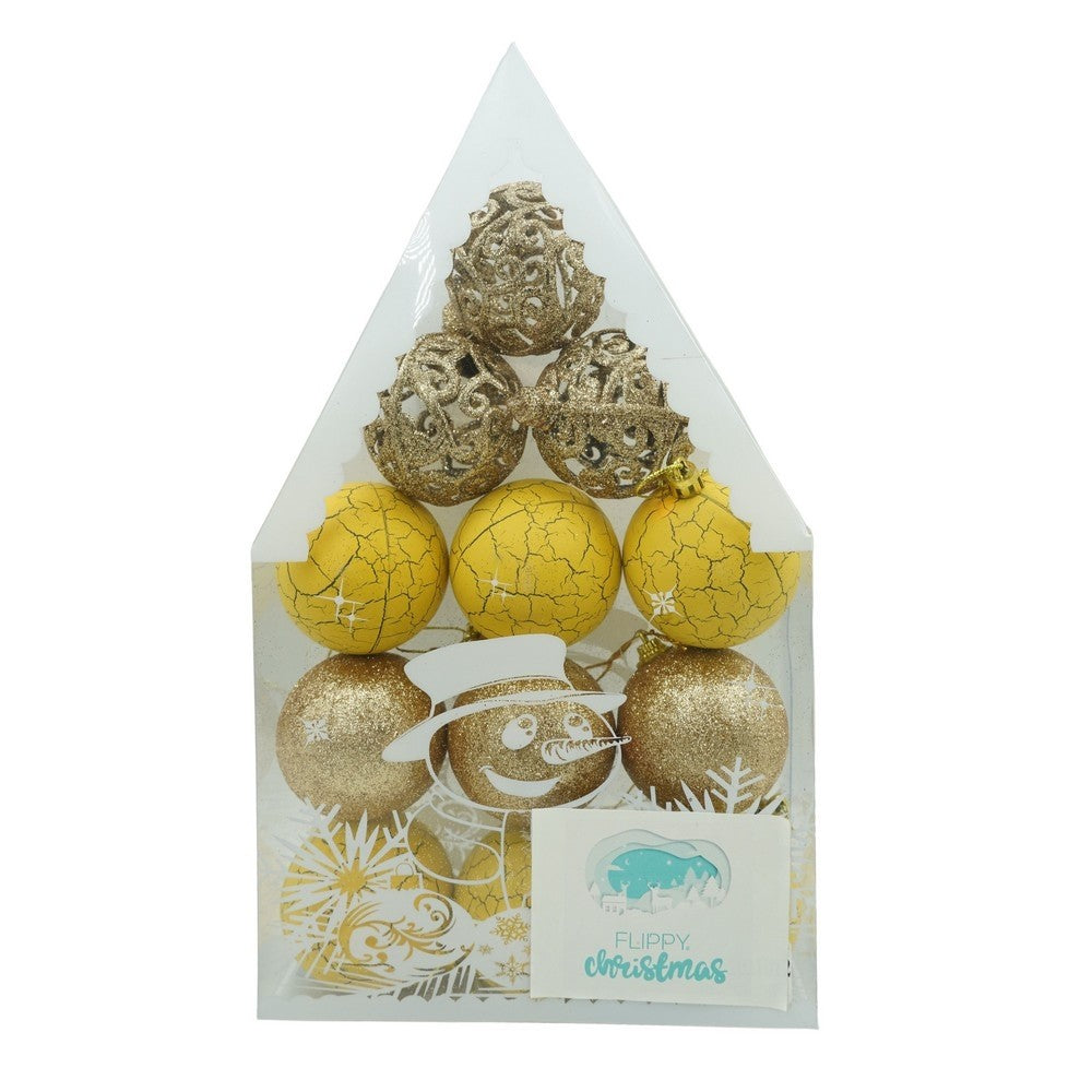 Set de 12 ornamente de brad, Klevo, de tip Glob, Auriu/ Galben, din plastic, cu finisaj sclipitor , cutie  6  cm adancime x 30  cm inaltime x 18  cm lungime)