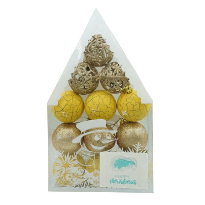 Set de 12 ornamente de brad, Klevo, de tip Glob, Auriu/ Galben, din plastic, cu finisaj sclipitor , cutie  6  cm adancime x 30  cm inaltime x 18  cm lungime)