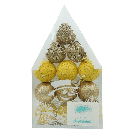 Set de 12 ornamente de brad, Klevo, de tip Glob, Auriu/ Galben, din plastic, cu finisaj sclipitor , cutie  6  cm adancime x 30  cm inaltime x 18  cm lungime)