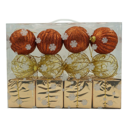 Set de 12 ornamente de brad, Klevo, de tip Glob, Cupru/ Auriu, din polistiren, cu finisaj sclipitor , cutie  6  cm adancime x 23  cm lungime x 18  cm inaltime