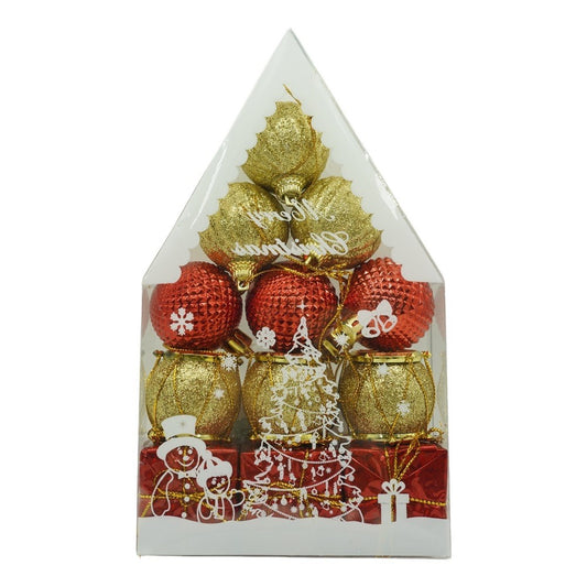 Set de 12 ornamente de brad, Klevo, de tip Glob, Rosu/ Auriu, din polistiren, cu finisaj sclipitor , cutie  4  cm adancime x 20  cm inaltime x 12  cm lungime)