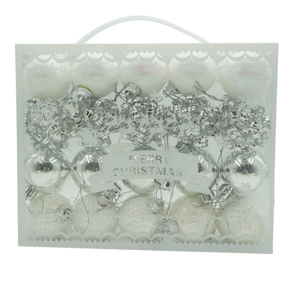 Set de 20 ornamente de brad, Klevo, de tip Glob, Alb/ Argintiu, din polistiren, cu finisaj sclipitor , cutie  4  cm adancime x 20  cm lungime x 16  cm inaltime