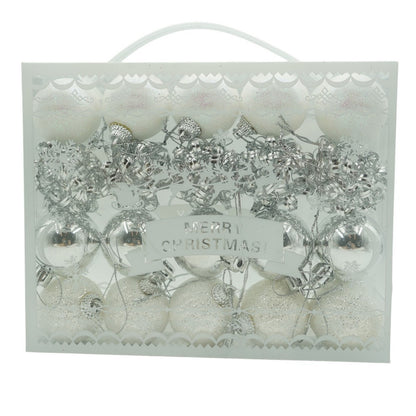 Set de 20 ornamente de brad, Klevo, de tip Glob, Alb/ Argintiu, din polistiren, cu finisaj sclipitor , cutie  4  cm adancime x 20  cm lungime x 16  cm inaltime