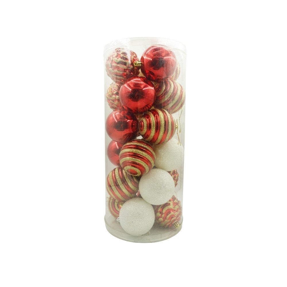 Set de 24 ornamente de brad, Klevo, de tip Glob, Alb/ Rosu, cu ø de 7 cm, din plastic, cu finisaj sclipitor , cutie  16  cm lungime x 36  cm inaltime x 16  cm adancime, Resigilat