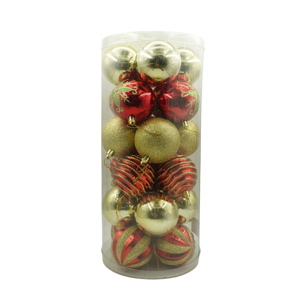 Set de 24 ornamente de brad, Klevo, de tip Glob, Rosu/ Auriu, cu ø de 7 cm, din plastic, cu finisaj sclipitor , cutie  16  cm lungime x 36  cm inaltime x 16  cm adancime