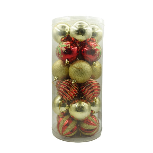 Set de 24 ornamente de brad, Klevo, de tip Glob, Rosu/ Auriu, cu ø de 7 cm, din plastic, cu finisaj sclipitor , cutie  16  cm lungime x 36  cm inaltime x 16  cm adancime