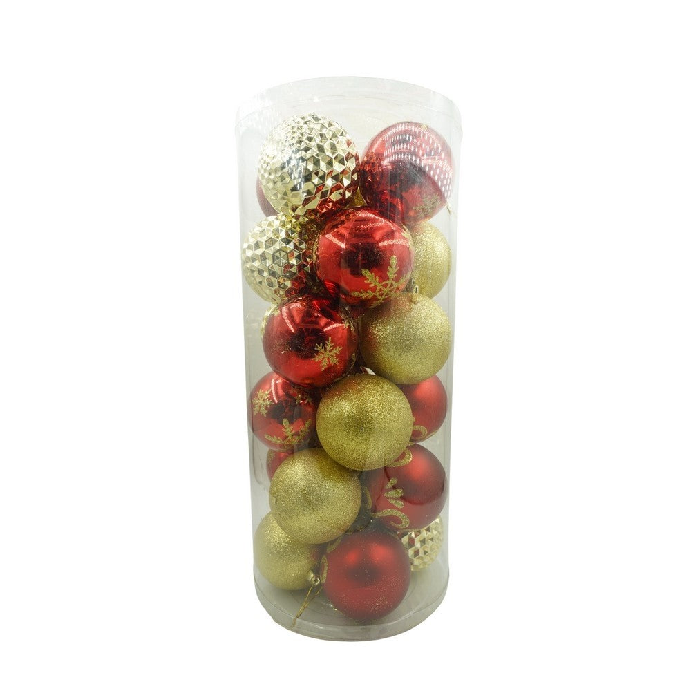 Set de 24 ornamente de brad, Klevo, de tip Glob, Rosu/ Auriu, cu ø de 8 cm, din plastic, cu finisaj sclipitor , cutie  19  cm lungime x 42  cm inaltime x 19  cm adancime
