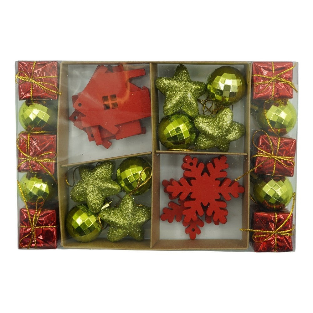 Set de 24 ornamente de brad, Klevo, de tip Glob, Rosu/ Auriu, din polistiren, cu finisaj sclipitor , cutie  3  cm adancime x 20  cm lungime x 14  cm inaltime