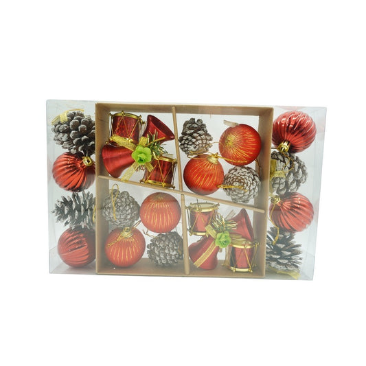 Set de 24 ornamente de brad, Klevo, de tip Glob, Rosu/ Maro, din polistiren, cu finisaj sclipitor , cutie  5  cm adancime x 29  cm lungime x 19  cm inaltime