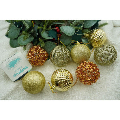 Set de 28 ornamente de brad, Klevo, de tip Glob, Cupru/ Auriu, din polistiren, cu finisaj sclipitor , cutie  18  cm adancime x 22  cm inaltime x 18  cm lungime)