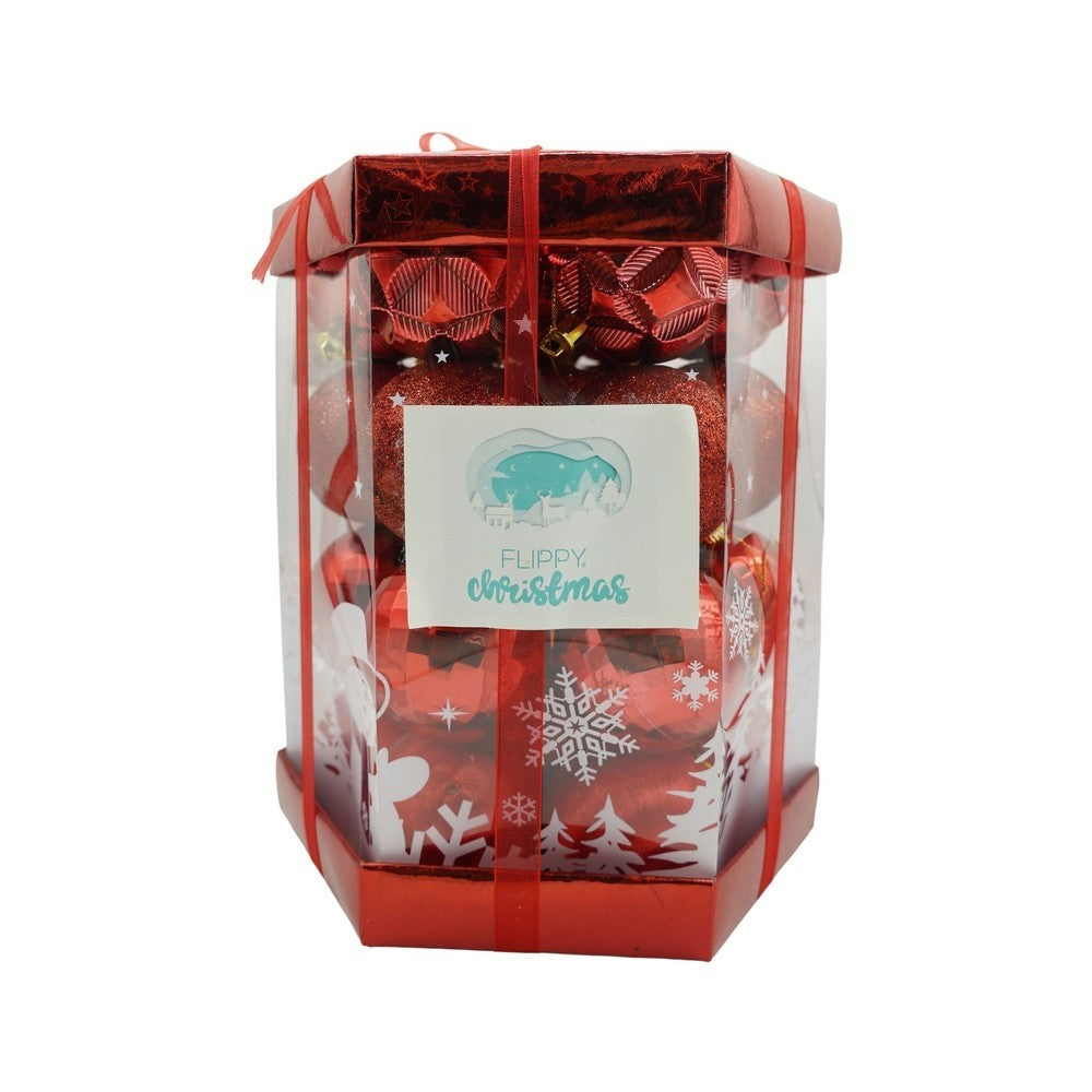Set de 28 ornamente de brad, Klevo, de tip Glob, Rosu, din polistiren, cu finisaj sclipitor , cutie  18  cm adancime x 22  cm inaltime x 18  cm lungime)