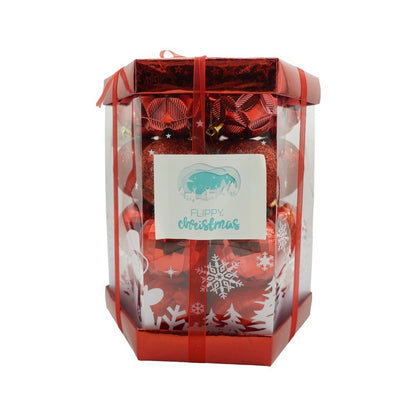 Set de 28 ornamente de brad, Klevo, de tip Glob, Rosu, din polistiren, cu finisaj sclipitor , cutie  18  cm adancime x 22  cm inaltime x 18  cm lungime)
