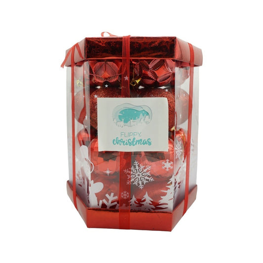 Set de 28 ornamente de brad, Klevo, de tip Glob, Rosu, din polistiren, cu finisaj sclipitor , cutie  18  cm adancime x 22  cm inaltime x 18  cm lungime)