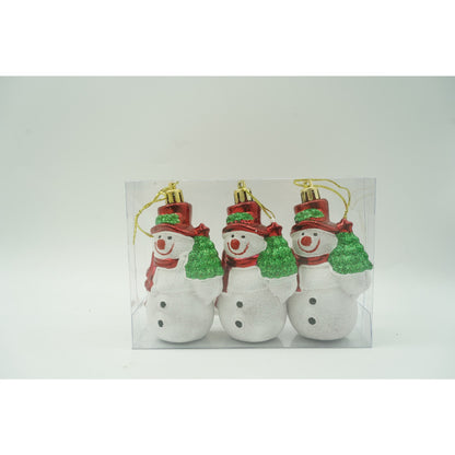Set de 3 ornamente de brad, Klevo, de tip Om de zapada, Alb/Rosu, din plastic, cu finisaj sclipitor , cutie  4  cm adancime x 6  cm inaltime x 9  cm lungime
