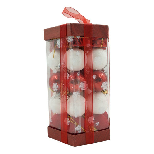 Set de 35 ornamente de brad, Klevo, de tip Glob, Alb/ Rosu, din polistiren, cu finisaj sclipitor , cutie  11  cm adancime x 19  cm inaltime x 11  cm lungime)