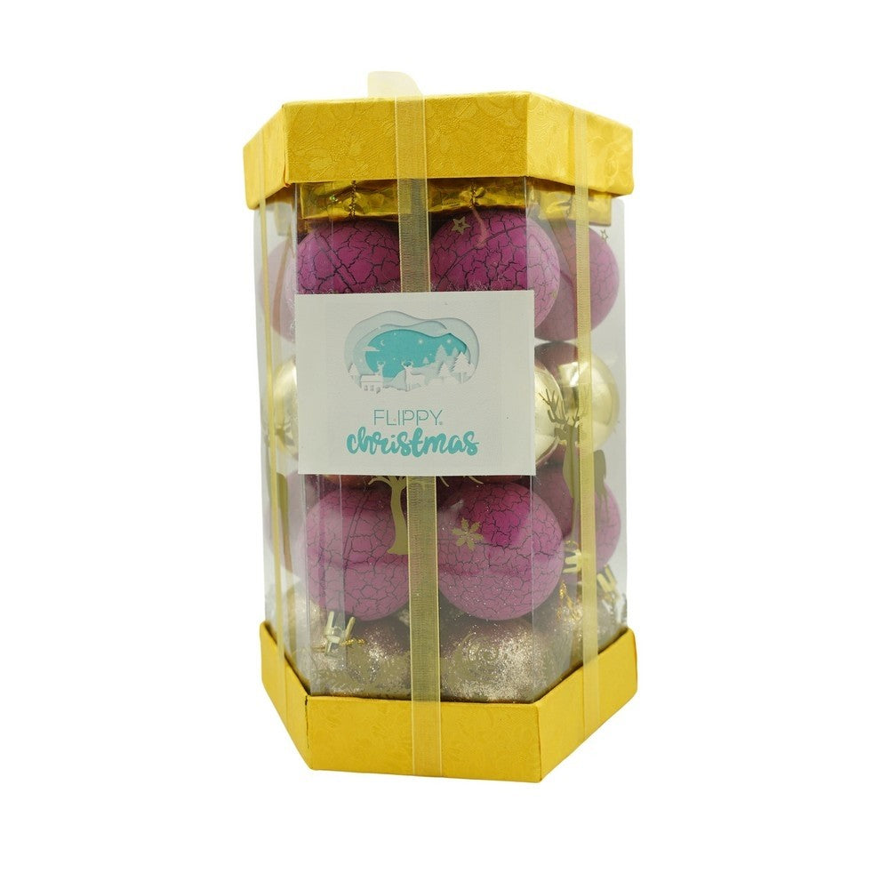 Set de 35 ornamente de brad, Klevo, de tip Glob, Auriu/ Mov, din polistiren, cu finisaj sclipitor , cutie  14  cm adancime x 23  cm inaltime x 14  cm lungime)