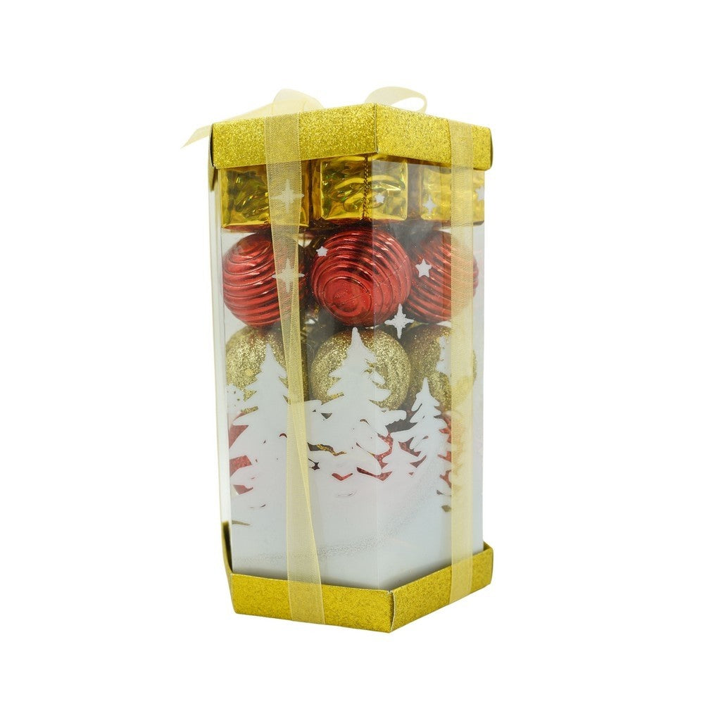 Set de 35 ornamente de brad, Klevo, de tip Glob, Rosu/ Auriu, din polistiren, cu finisaj sclipitor , cutie  11  cm adancime x 19  cm inaltime x 11  cm lungime)