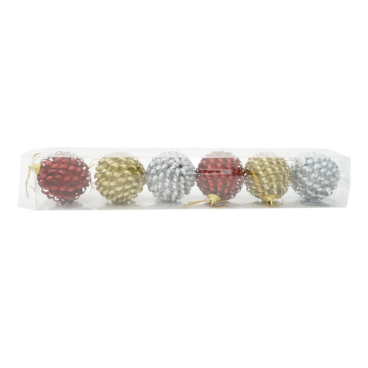 Set de 6 ornamente de brad, Klevo, de tip Glob, Multicolor, cu ø de 6 cm, din metal, cu finisaj sclipitor , cutie  6  cm adancime x 34  cm lungime x 6  cm inaltime