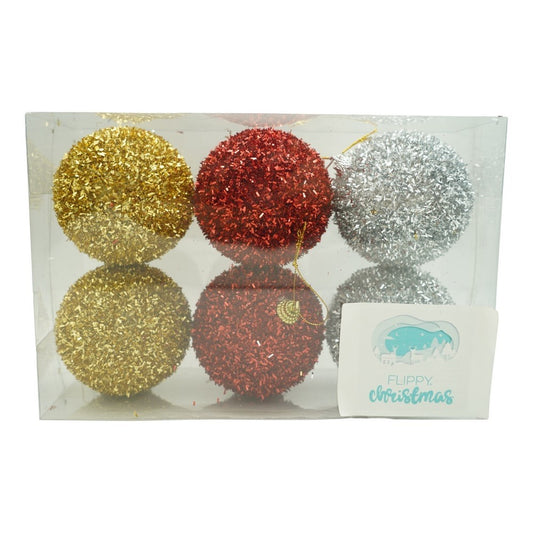 Set de 6  ornamente de brad, Klevo, de tip Glob, Multicolor, cu ø de 8 cm, din polistiren, cu finisaj sclipitor , cutie  16  cm inaltime x 24  cm lungime x 8  cm adancime