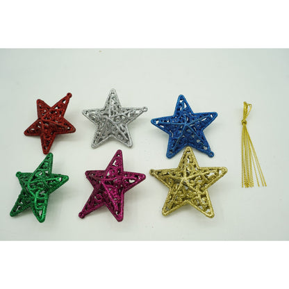 Set de 6 ornamente de brad, Klevo, de tip Stea, Multicolor, din plastic, cu finisaj sclipitor , cutie  3  cm adancime x 31  cm lungime x 9  cm inaltime