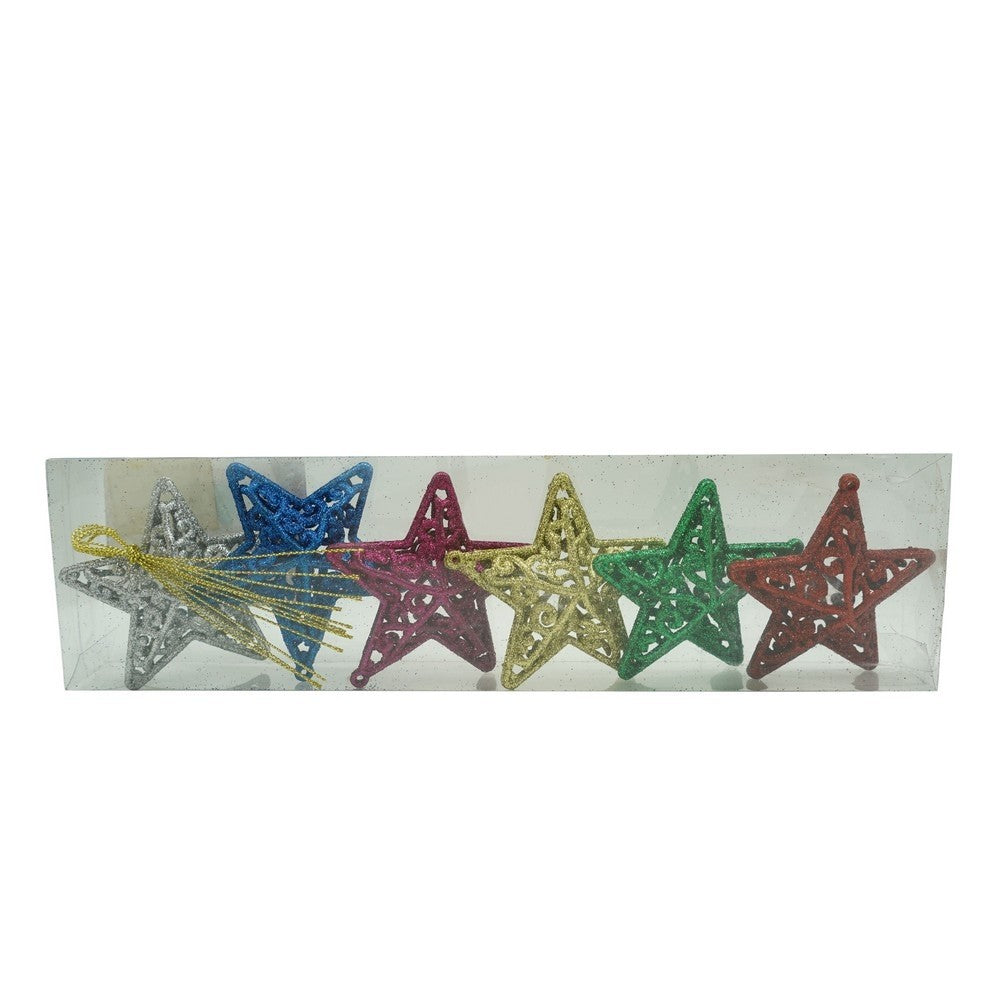 Set de 6 ornamente de brad, Klevo, de tip Stea, Multicolor, din plastic, cu finisaj sclipitor , cutie  3  cm adancime x 31  cm lungime x 9  cm inaltime