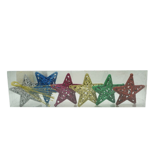 Set de 6 ornamente de brad, Klevo, de tip Stea, Multicolor, din plastic, cu finisaj sclipitor , cutie  3  cm adancime x 31  cm lungime x 9  cm inaltime