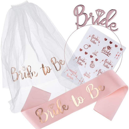 Set de Accesorii pentru Mireasa, Klevo, Coronita, Panglica, Stickere, Voal, Model Bride To Be, Tematica Nunta, Alb-Roz