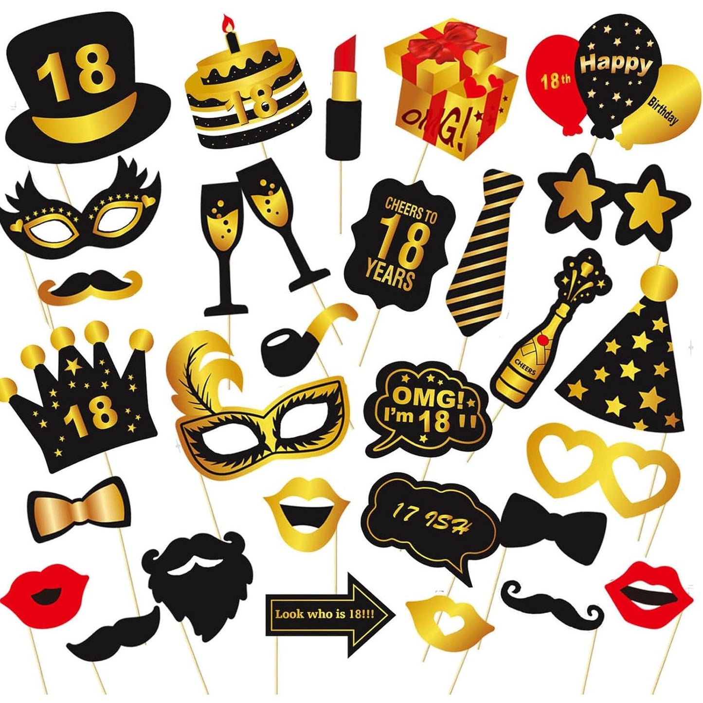 Set Accesorii pentru Petrecere, Klevo, Props pentru Coltul de Poze, pentru Majorat, Aniversare 18 Ani, Ochelari, Palarii, Mustata, Cravata, pentru Evenimente, Multicolor