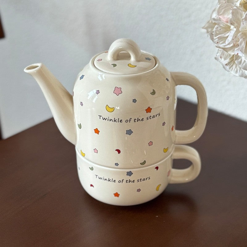 Set de Ceai, Klevo, Ceainic cu Ceasca pentru Uz Casnic, Stele cu Luna, Set de Ceai pentru Copii, Adulti, 18 x 17 x 13 cm, Alb Crem