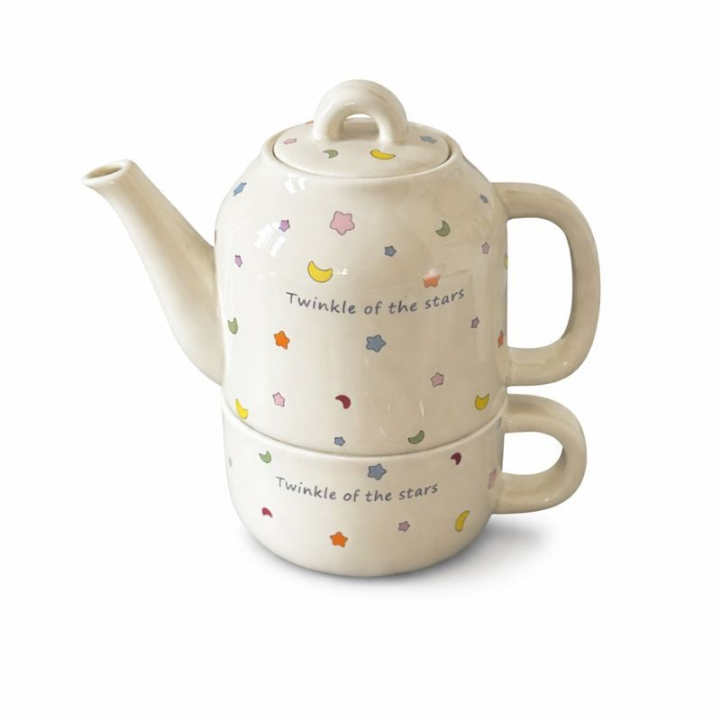 Set de Ceai, Klevo, Ceainic cu Ceasca pentru Uz Casnic, Stele cu Luna, Set de Ceai pentru Copii, Adulti, 18 x 17 x 13 cm, Alb Crem