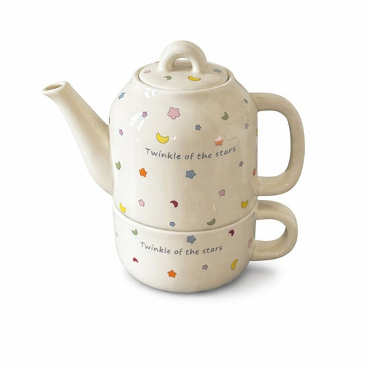 Set de Ceai, Klevo, Ceainic cu Ceasca pentru Uz Casnic, Stele cu Luna, Set de Ceai pentru Copii, Adulti, 18 x 17 x 13 cm, Alb Crem