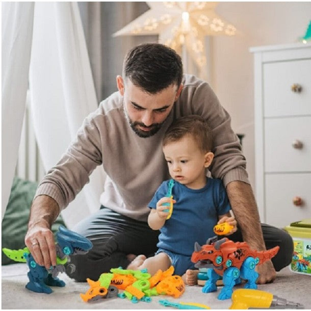 Set de Constructie/Asamblare, Klevo, 4 Dinozauri, cu Bormasina Electrica, Baterii 2 x AA, Surubelnita si Cutie Depozitare, 22.5 x 14.5 x 15 cm, Multicolor