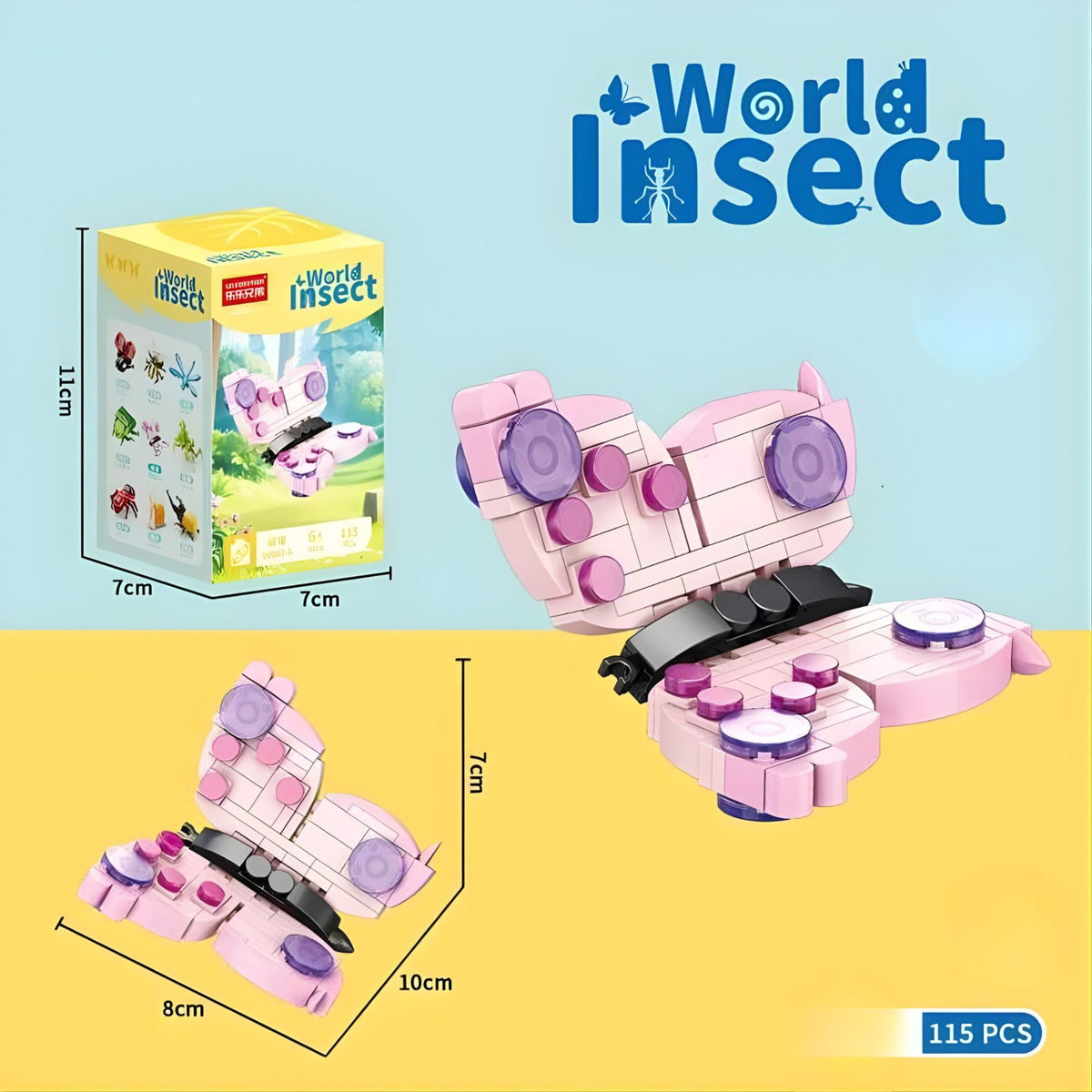 Set de Constructie, Klevo, Model Fluture, Lumea Insectelor Mini, 115 Piese, Model 3D, Jucarie Educativa STEM, +6 Ani, Plastic ABS, 11 x 7 x 7 cm, Roz
