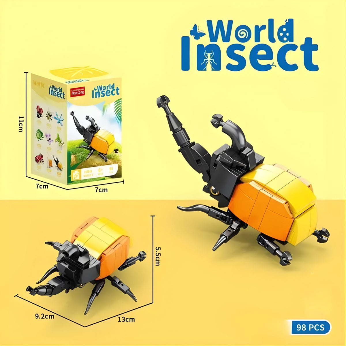 Set de Constructie, Klevo, Model Gandacul Rinocer, Lumea Insectelor Mini, 98 Piese, Model 3D, Jucarie Educativa STEM, +6 Ani, Plastic ABS, 11 x 7 x 7 cm, Negru/Portocaliu