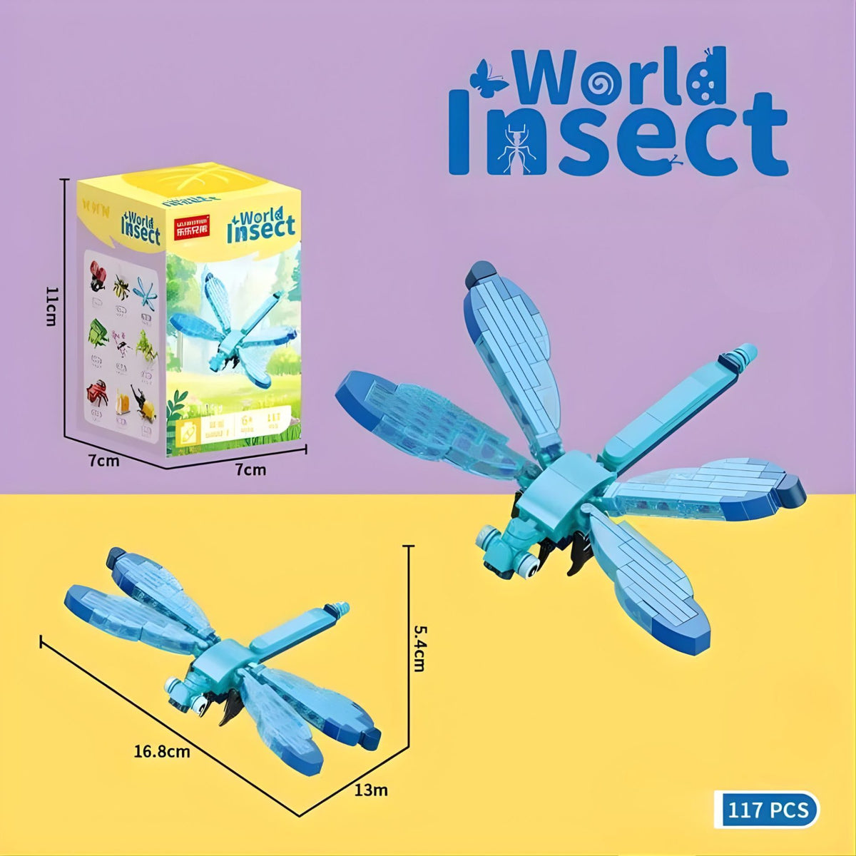 Set de Constructie, Klevo, Model Libelula, Lumea Insectelor Mini, 117 Piese, Model 3D, Jucarie Educativa STEM, +6 Ani, Plastic ABS, 11 x 7 x 7 cm, Albastru