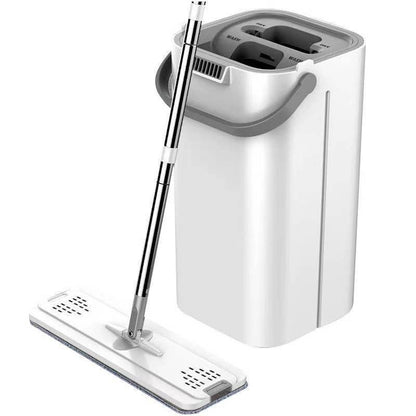 Set de curatenie Klevo, mop si galeata, galeata 5.7 l, 4 rezerve microfibra incluse, design modern, pentru interior, material plastic, peri sintetici, plat, cu storcere, alb