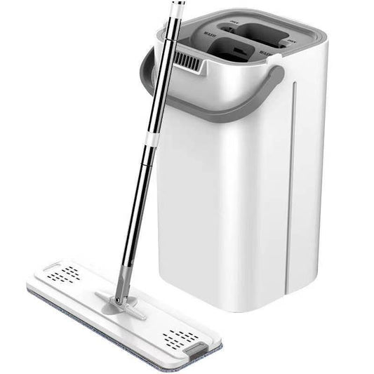 Set de curatenie Klevo, mop si galeata, galeata 5.7 l, 4 rezerve microfibra incluse, design modern, pentru interior, material plastic, peri sintetici, plat, cu storcere, alb