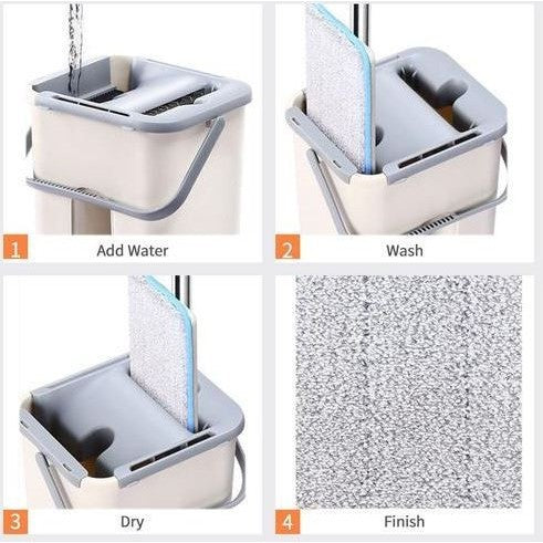 Set de curatenie Klevo, mop si galeata, galeata 6 l, 2 rezerve microfibra incluse, design modern, pentru interior, material plastic, peri sintetici, plat, cu storcere, bej
