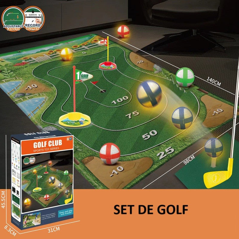 Set de Golf, Klevo, Interactiune Parinte-Copil, Covor de Golf, 140 x 98 cm, 4 Mingii cu Scai, 3 Crose Reglabile, Model A, +3 Ani, Multicolor