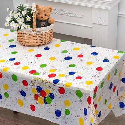 Fata de Masa, Klevo, din PEVA, Imprimeu Happy Birthday cu Baloane, 137 x 274 cm, Impermeabila, Fara Pete, Curatare Rapida, Multicolor