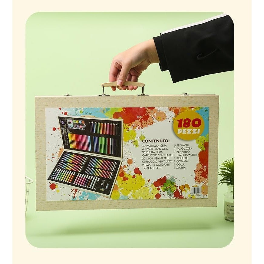 Set 180 Piese pentru Desen si Pictura, Klevo, Tip Servieta din Lemn, Model Natur, 46 x 30.9 x 4.1 cm, Multicolor