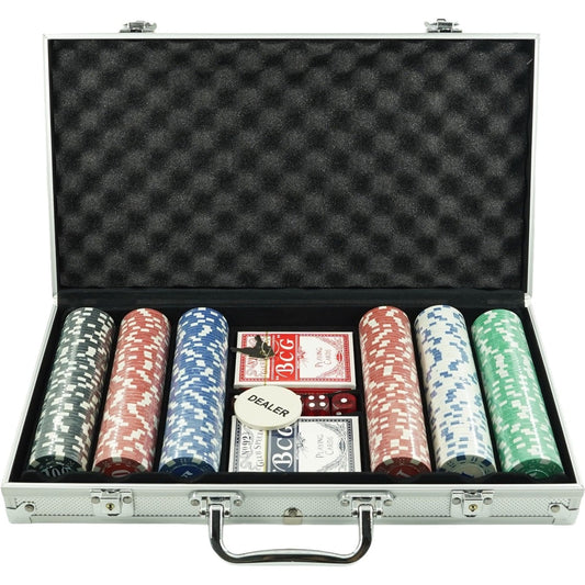 Set de Poker Complex cu 300 de jetoane Klevo, Include 2 seturi de carti, 5 zaruri, Echipat cu servieta de aluminiu cu dimensiunile 39x7x27 cm