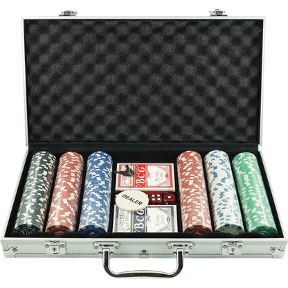 Set de Poker Complex cu 300 de jetoane Klevo, Include 2 seturi de carti, 5 zaruri, Echipat cu servieta de aluminiu cu dimensiunile 39x7x27 cm