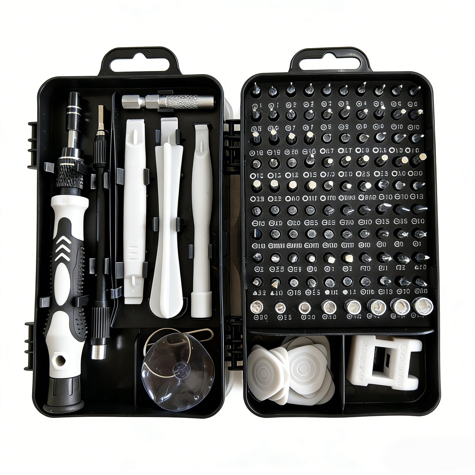 Surubelnite pentru Reparea Telefoanelor, Klevo, Set 115-in-1 Cromate, Demontarea Repararea Ceasurilor, Electronicelor Mici, Maner detalii Albe, 18 x 11 x 6 cm, Negru