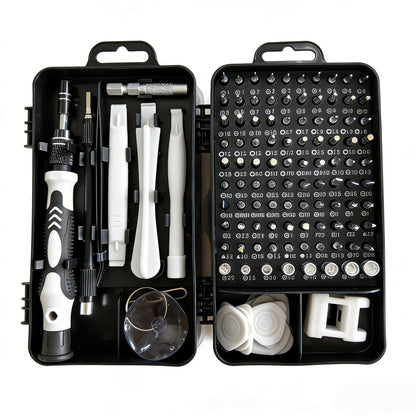 Surubelnite pentru Reparea Telefoanelor, Klevo, Set 115-in-1 Cromate, Demontarea Repararea Ceasurilor, Electronicelor Mici, Maner detalii Albe, 18 x 11 x 6 cm, Negru