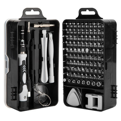 Surubelnite pentru Reparea Telefoanelor, Klevo, Set 115-in-1 Cromate, Demontarea Repararea Ceasurilor, Electronicelor Mici, Maner detalii Albe, 18 x 11 x 6 cm, Negru
