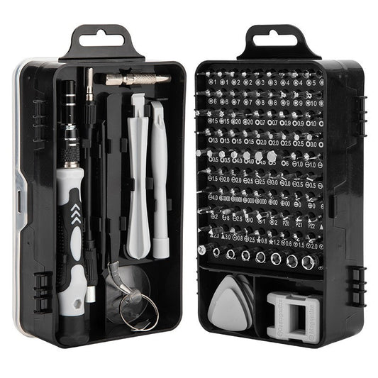 Surubelnite pentru Reparea Telefoanelor, Klevo, Set 115-in-1 Cromate, Demontarea Repararea Ceasurilor, Electronicelor Mici, Maner detalii Albe, 18 x 11 x 6 cm, Negru