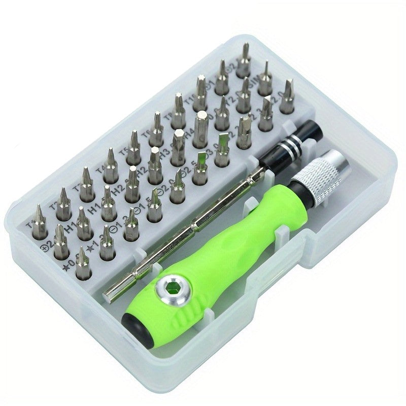 Set de Surubelnite 32-in-1 cu Clichet, Klevo, Cromate, Set de Uz Casnic pentru Repararea Electronicelor Mici, Maner durabil Verde, 10.5 x 7 x 3 cm, Gri