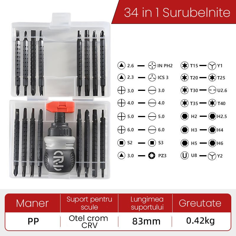 Set de Surubelnite 34-in-1 cu Clichet, Klevo, Set de Uz Casnic pentru Repararea Electronicelor Mici, Maner durabil, 12 x 10 x 5 cm, Negru Mat
