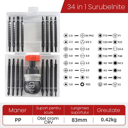 Set de Surubelnite 34-in-1 cu Clichet, Klevo, Set de Uz Casnic pentru Repararea Electronicelor Mici, Maner durabil, 12 x 10 x 5 cm, Negru Mat